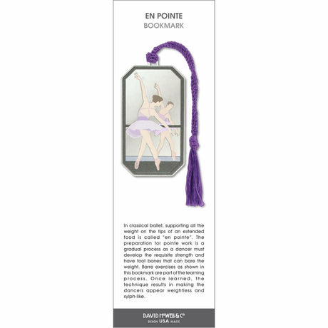 En Pointe’ bookmark featuring two ballet dancers at the barre in soft pastel tones with a purple tassel.