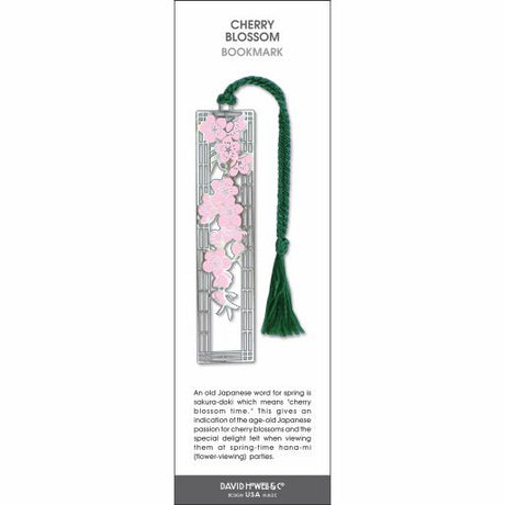 Cherry Blossom’ bookmark featuring delicate pink sakura flowers on a silver design with a green tassel.