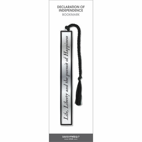 Declaration of Independence bookmark featuring the phrase “Life, Liberty and the pursuit of Happiness” on a silver-tone metal bookmark with a black tassel, displayed on retail packaging.