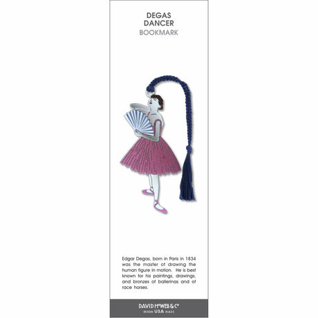 Degas Dancer’ bookmark featuring a ballerina holding a fan in a pink dress, with a blue braided tassel.