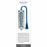 Prairie School’ bookmark featuring geometric stained glass–inspired design in blue and green, with a blue braided tassel.
