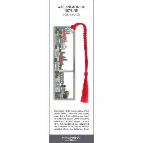 Washington DC Skyline’ bookmark featuring iconic city landmarks illustration, with a red braided tassel.