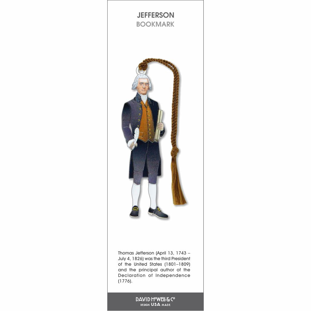 Jefferson’ bookmark featuring Thomas Jefferson holding a quill and document, with a brown tassel.