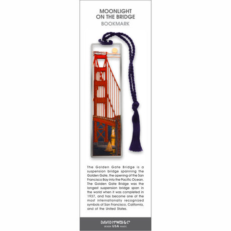Moonlight on the Bridge’ bookmark featuring the Golden Gate Bridge at night with a sailboat and blue tassel.