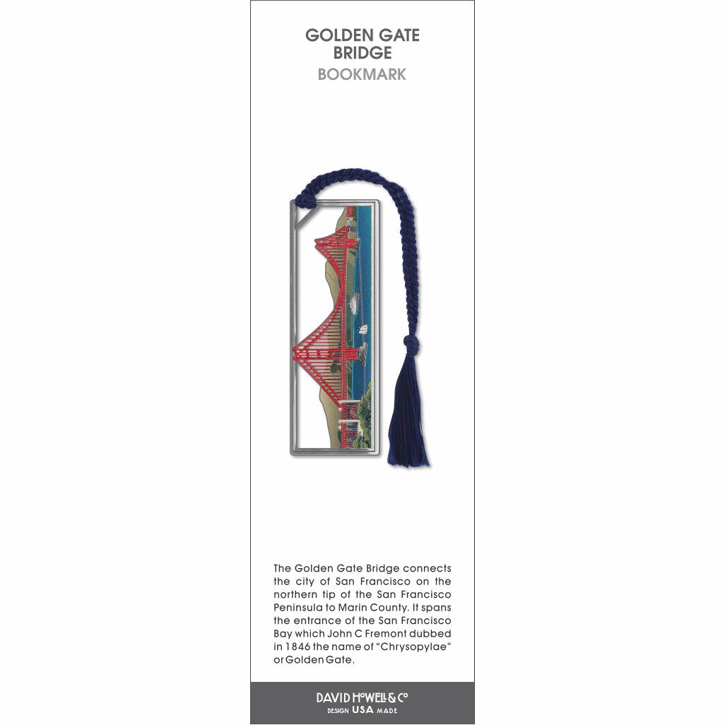 Golden Gate Bridge’ bookmark showing the red suspension bridge over water with a navy tassel.