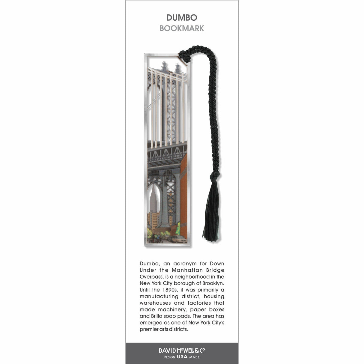 DUMBO’ bookmark featuring the Manhattan Bridge view from Brooklyn with city buildings and a black tassel.