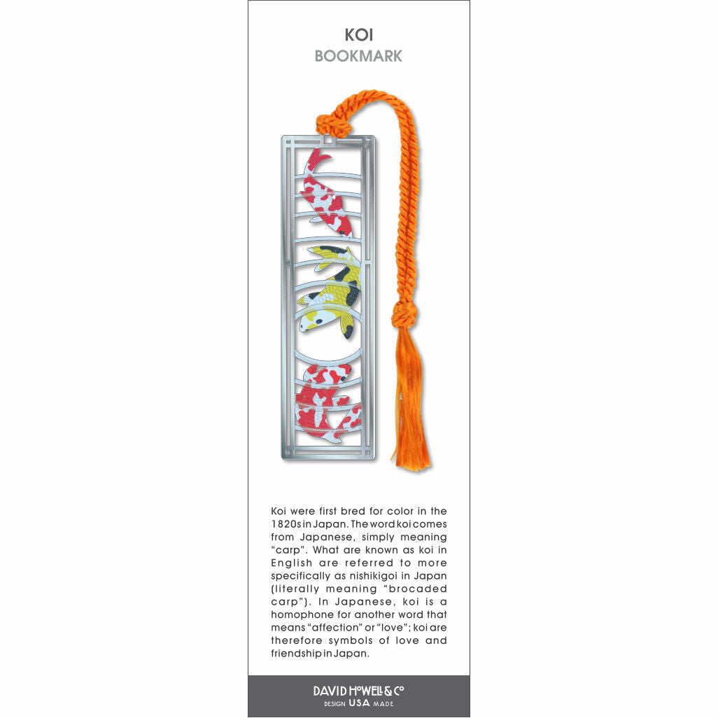 Koi’ bookmark featuring colorful koi fish in red, white, and yellow within a silver frame and orange tassel.
