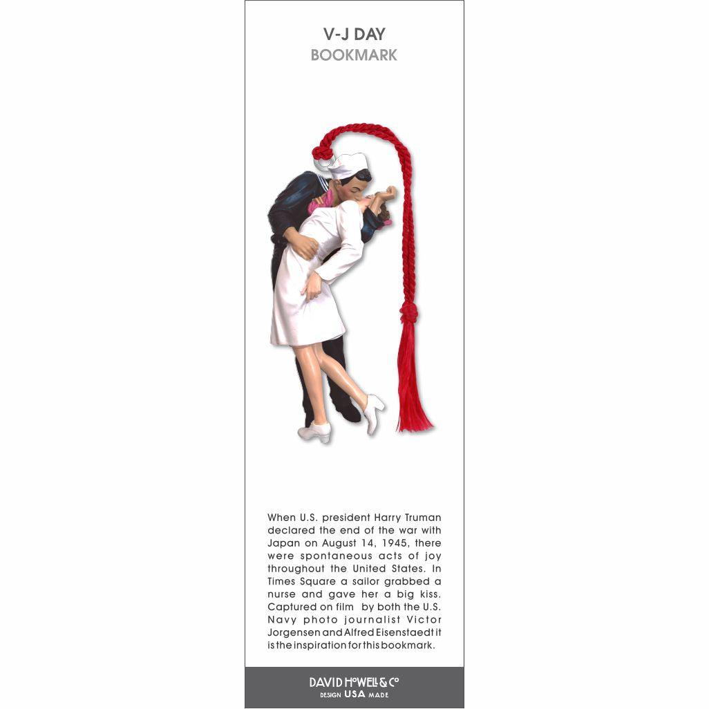 V-J Day bookmark featuring a sailor kissing a nurse, inspired by the iconic 1945 Times Square photograph, with a red tassel.