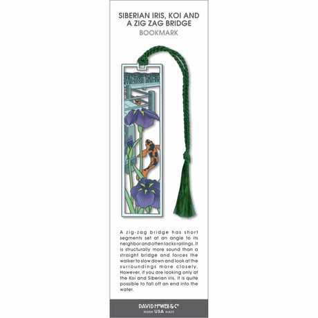 Siberian Iris, Koi and a Zig Zag Bridge’ bookmark with purple iris flowers, an orange-and-black koi fish, a geometric bridge pattern, and a green tassel.