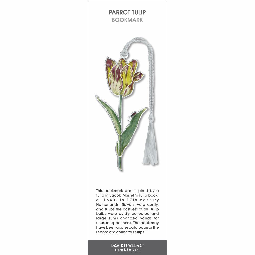 Parrot tulip bookmark with a yellow and red tulip bloom, green stem and leaves, and a white tassel.