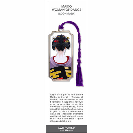 Maiko bookmark showing the back view of a traditional Japanese apprentice geisha hairstyle with ornate hairpins and a purple tassel.
