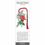 Rosa Indica Cruenta bookmark inspired by Pierre-Joseph Redouté, featuring a detailed botanical illustration of a red rose with green leaves and a red tassel.