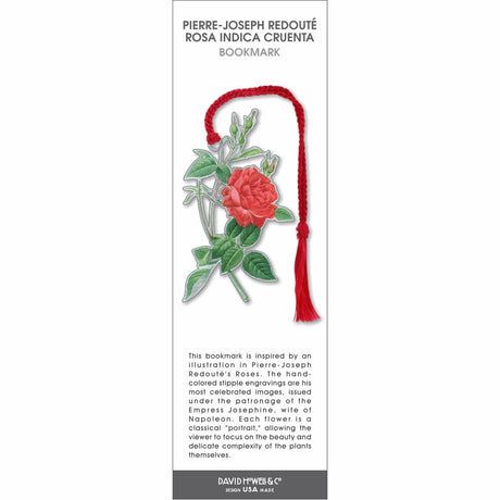 Rosa Indica Cruenta bookmark inspired by Pierre-Joseph Redouté, featuring a detailed botanical illustration of a red rose with green leaves and a red tassel.