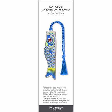 Koinobori Children of the Family Bookmark featuring a blue carp-shaped design with detailed scales and a bright blue braided tassel, inspired by traditional Japanese koinobori windsocks.