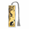 Cats & Sparrows metal bookmark inspired by 18th-century Korean artwork by Byeon Sang-book, featuring graceful cats and sparrows symbolizing joy, longevity, and traditional Korean artistic beauty among branches and leaves with braided gray a tassel for booklovers and gifts.
