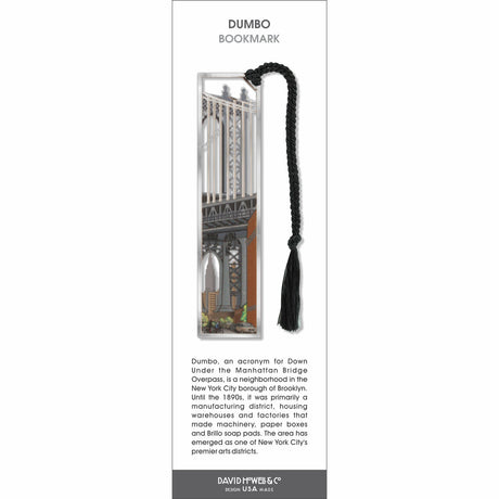 DUMBO’ bookmark featuring the Manhattan Bridge view from Brooklyn with city buildings and and Empire State Building with a black tassel.