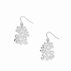 Pair of Ocean Life dangling earrings featuring abstract silver-tone coral-inspired shapes with lightweight openwork detailing and fishhook ear wires.