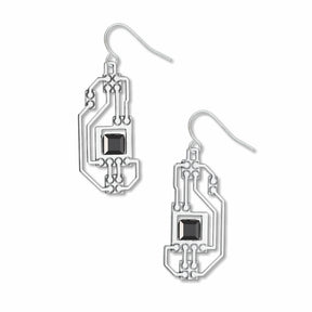 Pair of Circuits abstract silver drop earrings featuring intricate circuit board-inspired openwork lines accented with faceted black geometric stones in a sleek modern industrial design