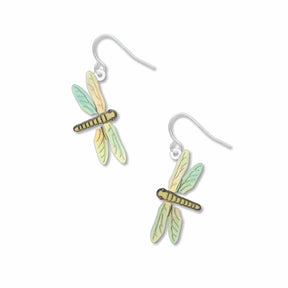 Dragonfly earrings: pair of pastel yellow, green, and blue dragonfly drop earrings on light neutral background.