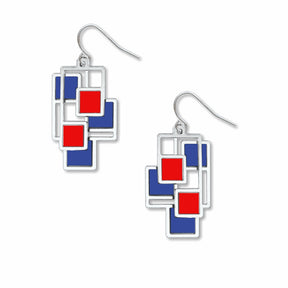 Abstract 1 earrings featuring overlapping geometric silver-tone frames accented with bold red and blue squares inspired by modern abstract art.