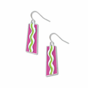 Pair of Matisse & the Fauves earrings featuring vibrant pink rectangular enamel drops with flowing white and green wave patterns inspired by Henri Matisse’s Fauvist color studies.