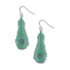 dangling peacock feather inspired-shaped earrings with a white background