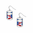 Goldfish earrings inspired by Matisse and Lichtenstein, featuring red fish inside a cylindrical bowl design with blue enamel accents and silver hooks.