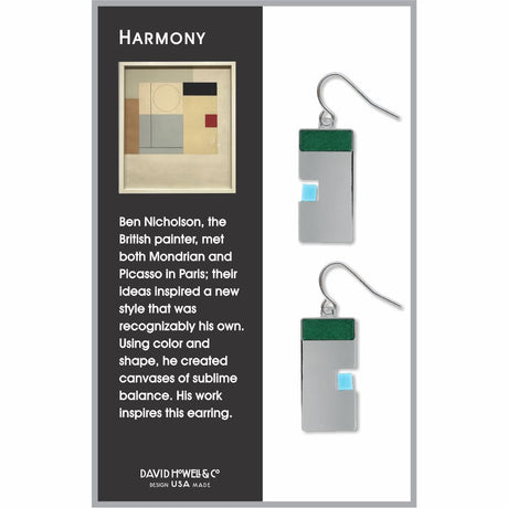 Harmony geometric drop earrings featuring a silver rectangular design with a deep green top bar and a soft blue accent, inspired by abstract balance and modern art.