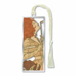A metal bookmark featuring an Art Nouveau design of a woman with emotion with red hair, in vibrant colors, surrounded by a silver border, with a braided white tassel for a museum-quality, readers, and art gift.