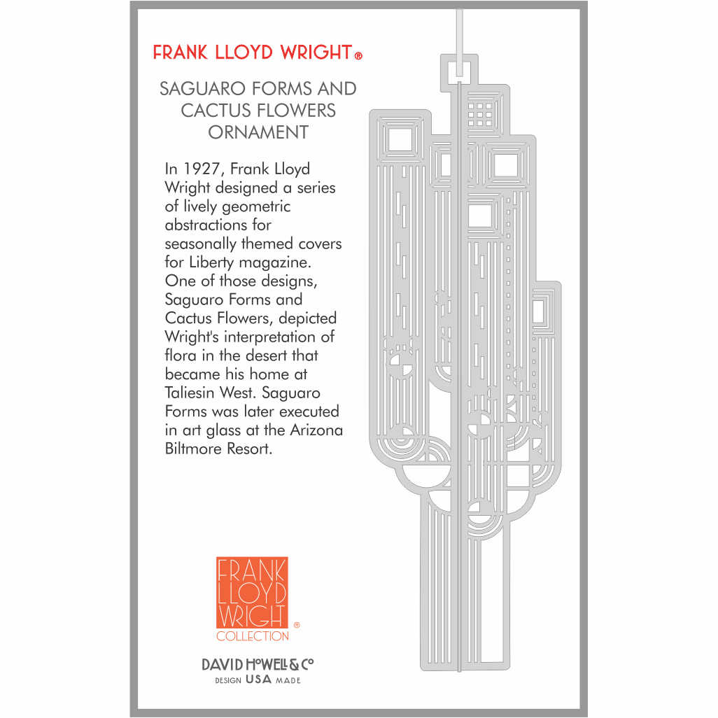 Decorative ornament inspired by Frank Lloyd Wright's design, featuring text about Saguaro Forms and Cactus Flowers.