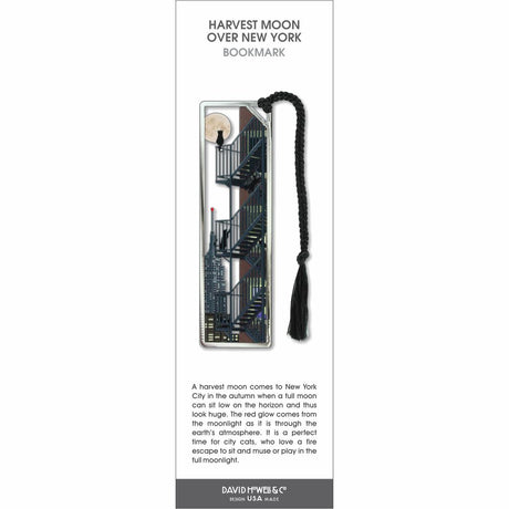 Harvest Moon Over New York bookmark with cats on a city fire escape, full moon, skyline, and black tassel.