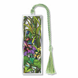 Metal bookmark featuring an elegant stained-glass-inspired design of irises, lilies, cattails, and dragonflies, influenced by the Art Nouveau style of Louis Comfort Tiffany and the rich decorative artistry of the American Gilded Age with green braided tassel for a museum-quality gift for art lovers, museum goers and readers.