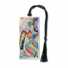 A metal bookmark with silver finish featuring a Kandinsky abstract painting with a red stain, attached to a black braided tassel.