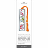 Koi’ fish metal bookmark featuring colorful koi fish in red, white, and yellow within a silver frame and orange tassel.