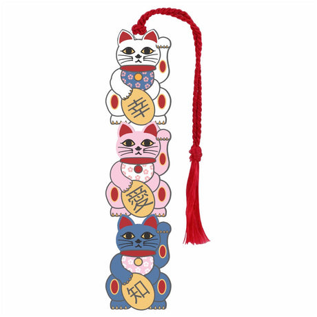 Lucky Cat Bookmark: bookmark featuring three colorful Maneki Neko lucky cats in white for happiness, pink is love, and blue is knowledge with gold coins and a braided red tassel.