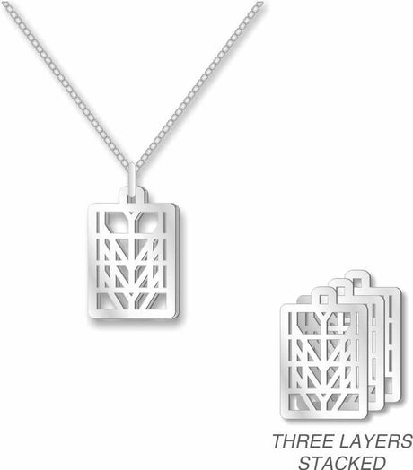 Frank Lloyd Wright Tree of Life Pendant necklace shown on a chain with a silver-tone geometric design and three-layer stacked view.