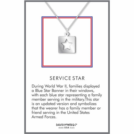Service Star pendant necklace featuring a silver-tone square charm with a cutout star design inspired by the traditional Blue Star military service banner.