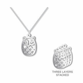 Hoot Owl pendant necklace with a silver-tone owl design shown on a chain and displayed in a three-layer stacked view.