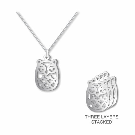 Hoot Owl pendant necklace with a silver-tone owl design shown on a chain and displayed in a three-layer stacked view.