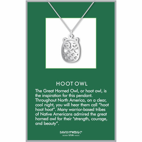 Hoot Owl pendant necklace featuring a silver-tone owl design inspired by the Great Horned Owl.
