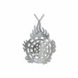 Halo of Flames Necklace featuring a circular silver pendant with flame-like edges, layered geometric cutouts, and crystal accents suspended from a silver chain.