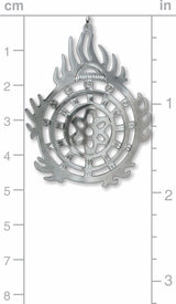 Halo of Flames Necklace pendant in silver-tone metal with flame-shaped edges, circular geometric details, and clear crystal accents shown with a size reference scale.