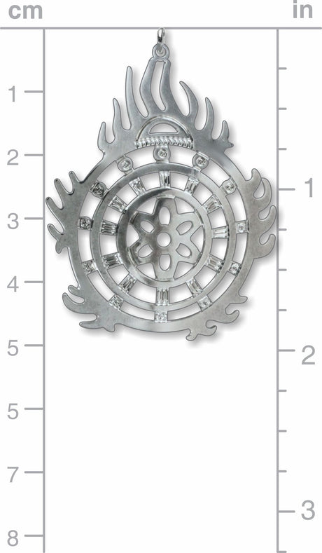 Halo of Flames Necklace pendant in silver-tone metal with flame-shaped edges, circular geometric details, and clear crystal accents shown with a size reference scale.
