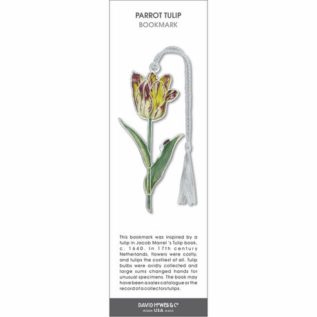 Metal Parrot tulip bookmark with a yellow and red tulip bloom, green stem and leaves, and a gray tassel.