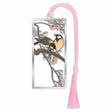 Shijukara On Cherry Blossom Metal Bookmark featuring a Japanese tit, perched among delicate cherry blossoms, capturing the spring Sakura season in Japan with soft floral imagery and the bird’s distinctive, lively presence with pink braided tassel for cherry blossom season gift and book lovers collector item.