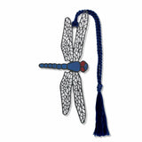 Tiffany Dragonfly Metal Bookmark with a blue dragonfly design, textured wings, red eyes, and a dark blue braided tassel 