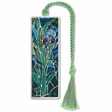 A metal bookmark with silver finish is a colorful floral design and a green braided cord tassel.