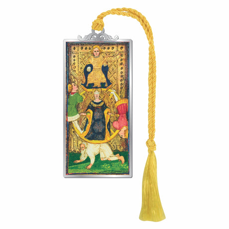 Visconti-Sforza Tarot Card Wheel of Fortune bookmark featuring a colorful medieval-style Wheel of Fortune illustration in a silver-tone frame with a yellow braided tassel.
