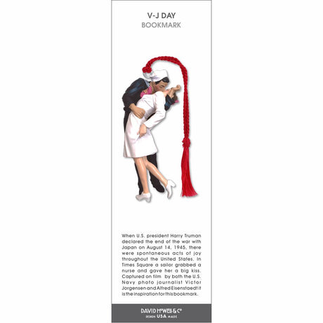 V-J Day bookmark featuring a sailor kissing a nurse, inspired by the iconic 1945 Times Square photograph, with a braided red tassel.
