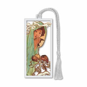 Metal bookmark featuring Alphonse Mucha’s Winter from The Four Seasons series, depicting a graceful young woman in a pale green cloak protecting birds beside a snow-covered bush in elegant Art Nouveau style with silver braided tassel for a museum-quality gift for art lovers, museum goers, and readers.